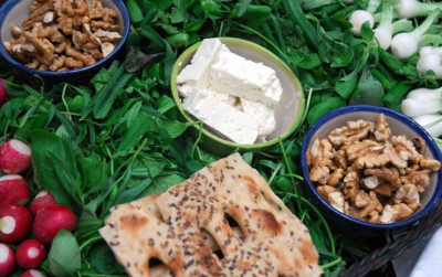 Bread, cheese, and fresh herbs